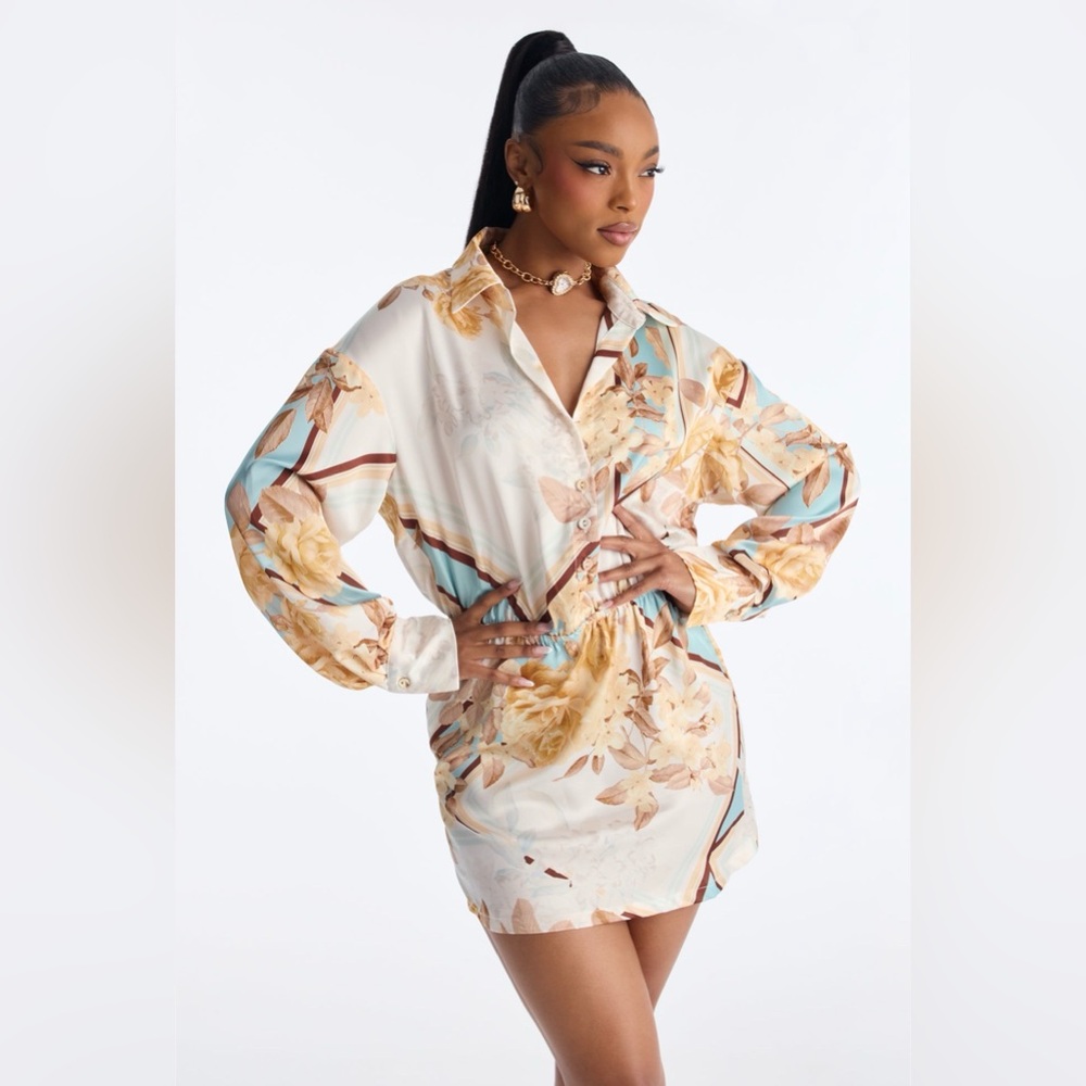 Fashion Nova Floral Long Sleeve Dress in Cream and Blue